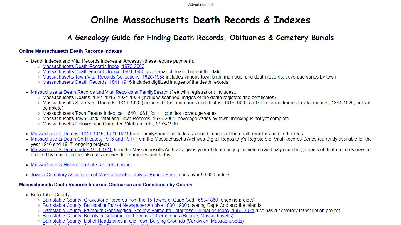 Online Massachusetts Death Indexes, Records & Obituaries